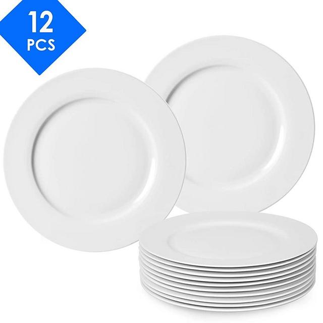 amHomel 12-Pack 10.5 inch Perdurable Porcelain Dinner Plates, High Temperature Natural White Dinnerware Dish for Dinner and Salad, Restaurant, Family Party and Kitchen Use