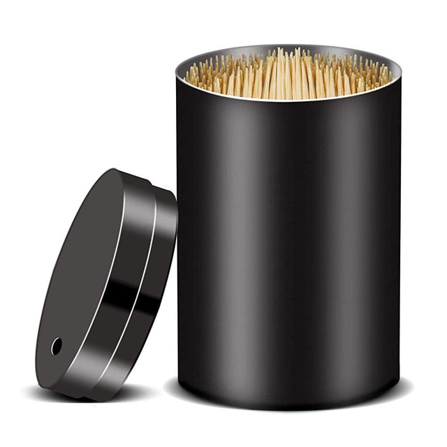 Stainless Steel Metal Toothpick Holder Dispenser, Tooth Picks Lot Container with 500 Pieces Bamboo Round Toothpicks Wood for Teeth Appetizer and for kitchen (Black)