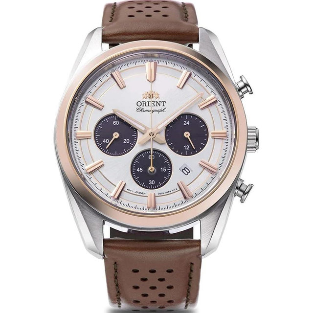 Orient Stretto Solar Chronograph White Dial Brown Leather Strap Men’s Watch RA-TX0306S10B