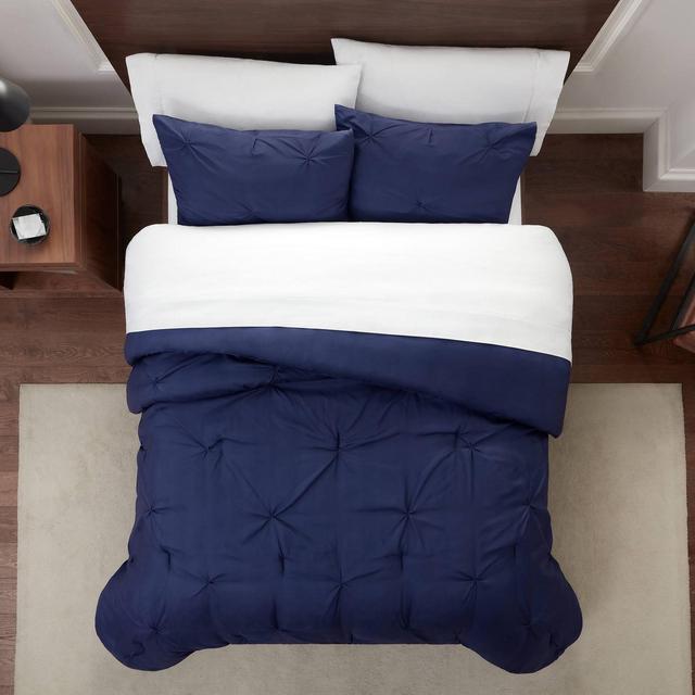 3pc Full/Queen Simply Clean Pleated Comforter Set Navy - Serta