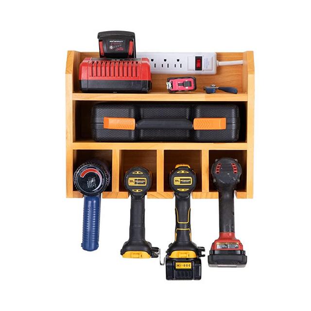 Power Tool Organizer for Garage - Fully Assembled Wood Tool Chest and 4 Drill Charging Station - Power Strip Included - Great Workshop Organization and Storage Gift for Men