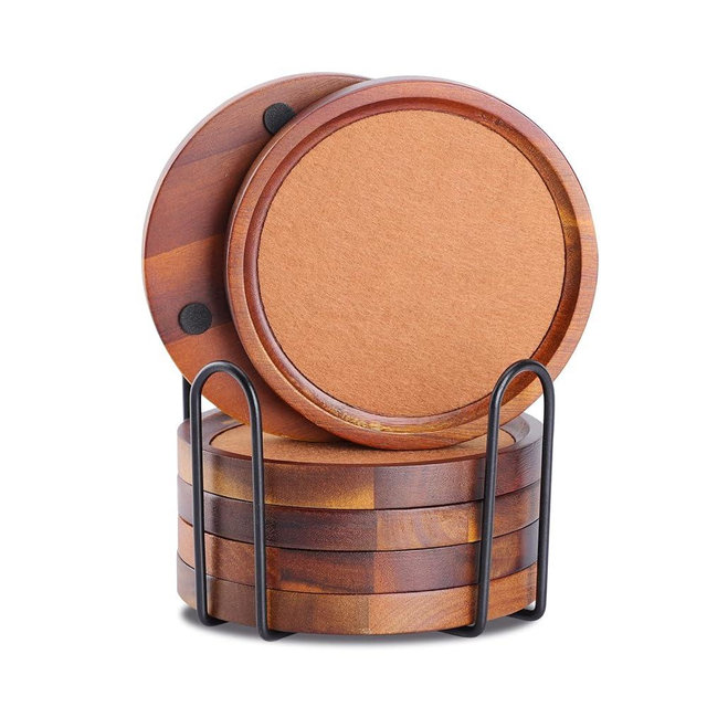 WLWNWFT Acacia Wood Coasters for Coffee Table, 6 Pcs 4.72 in Coaster for Drinks Absorbent Felt Coaster for Wooden Dining Table Decor New Home Gifts Mom's Day