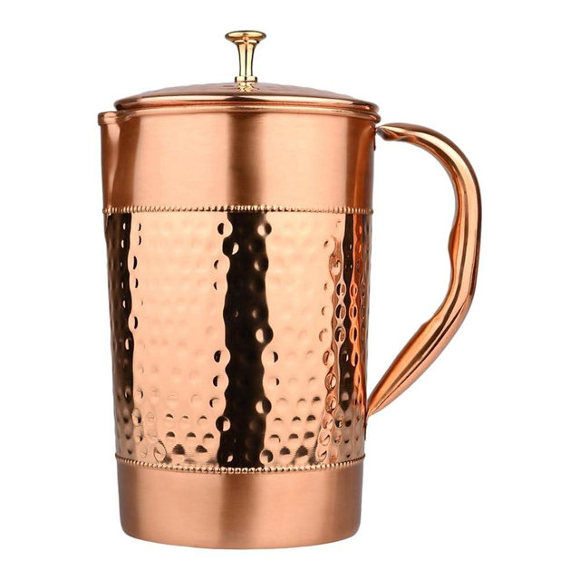 Copper Pitcher 1.5L (50.72 Fl Oz) with Brass Knob - Pure Copper Jug for Ayurveda Detox, Hammered and Plain Pattern