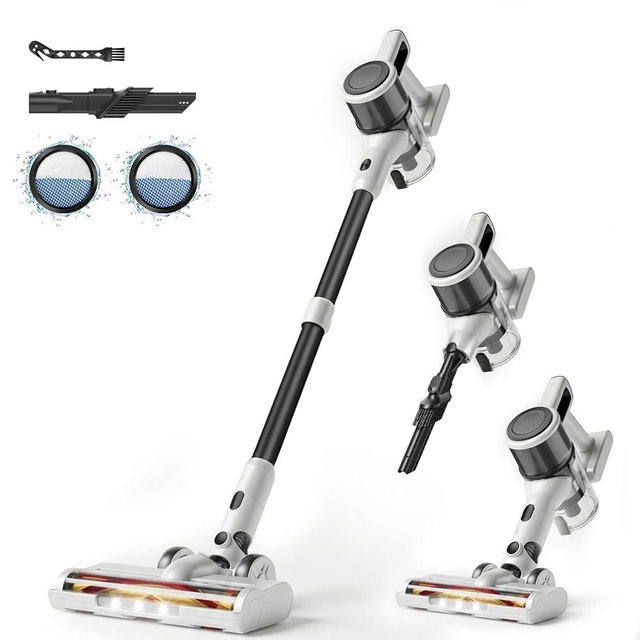 BSNAW Cordless Vacuum Cleaner for Home - Lightweight, Stick Vacuum Clean with Rechargeable Battery, Max 45Mins Runtime, 8 in 1 Handheld Vacuum for Hardfloor & Carpets Pet Hair, White&Yellow