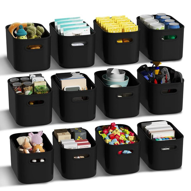 ORGIDOL 12 Pack Black Plastic Storage Bins, Storage Container for Organizing, Storage Boxes with Handle for Shelves, Cute Organizer Bins for Craft, Snacks, Pantry, Cabinet, 9.69x6.7x5.7 inch