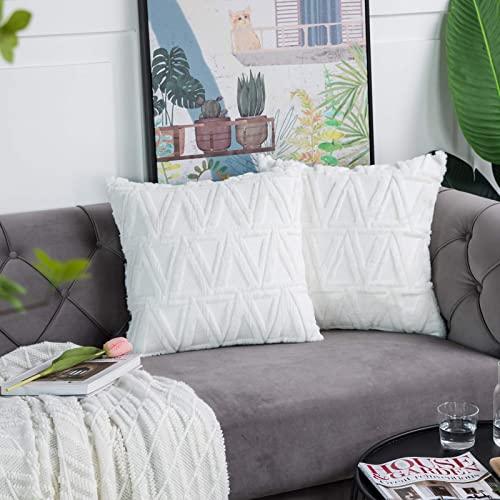 Bluehome Set of 2 Luxury Style Decorative Throw Pillow Covers Soft Plush Short Wool Velvet Cushion Case Square Pillowcase for Couch Sofa Bed,18x18 inch, White