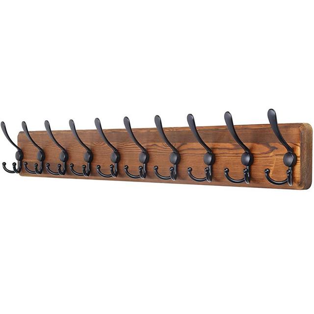 SKOLOO Rustic Wall Mounted Coat Rack: 16-inches Hole to Hole, Pine Solid Wooden Long Coat Hook Hanger - 10 Hooks for Hanging Clothes Robes Towels Coats