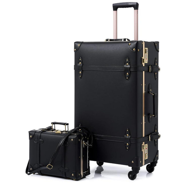 urecity Designer Vintage Trunk Combination Luggage Sets of 2 Piece, Hard Shell Retro Travel Suitcase with Wheels (Black, 20"+12")