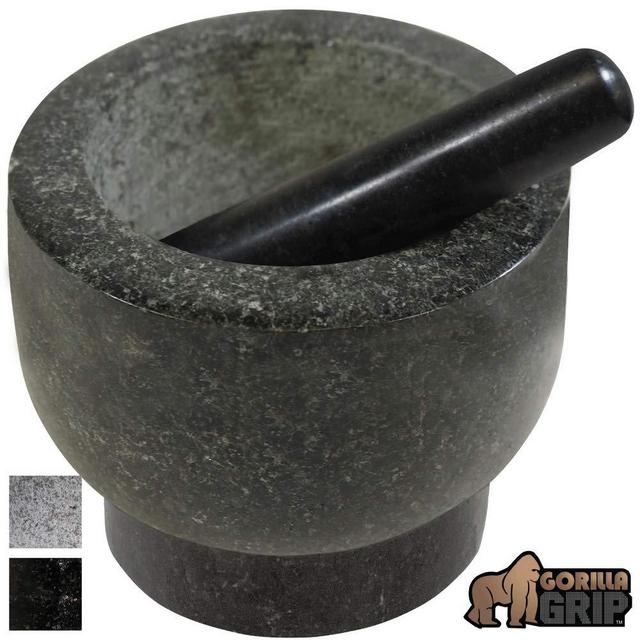 Gorilla Grip Original Mortar and Pestle, Medium Size, 6 Inch, Holds 2 Cups, Slip Resistant Bottom, Heavy Duty Polished Granite, Guacamole Molcajete Bowl, Kitchen Spices, Herbs, Pesto Grinder, Black