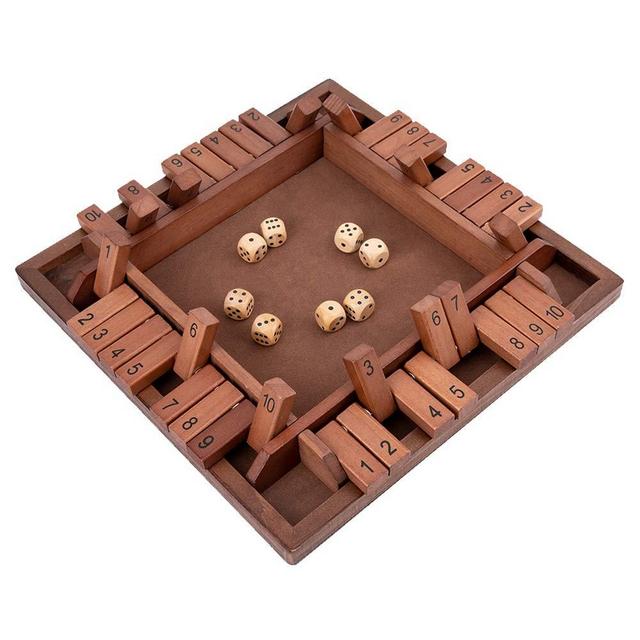 Shut The Box Game Wooden 4 Player, Classic Board Game for Kids & Adults, Educational Math Learning Toy, Table Dice Game for The Party Family or Bar - 12 Inch with 8 Dice