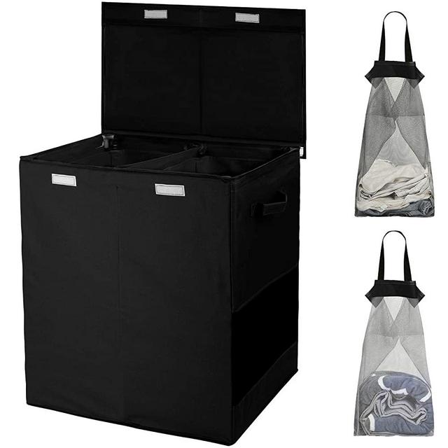 HOUSE AGAIN Double Laundry Hamper with Lid and Removable Laundry Bags - 2 Sections Whole-Body Detach & Washable Hamper, Easily Transport Large Laundry Basket, Odors & Moisture Proof (Black)