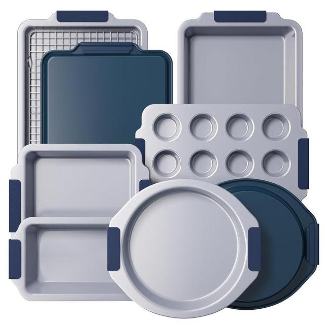BRONYPRO Nonstick Ceramic Bakeware Set (9 Pieces),Heavy Duty Aluminized Steel Bakeware-Baking Pan Sets with Silicone Handles,Includes Sheet Pans,Loaf Pan,Muffin pan,Cake pans,PTFE & PFOA Free - Blue