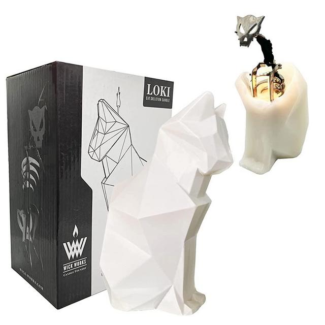 Wick Works Loki Cat Skeleton Candle | Reveal Polished Steel Frame | 7” H | Longest Burn Time! | Beautiful Gift Box | Home or Office Decor| Unique Gifts for Cat, Animal, Art Lovers (White, Unscented)