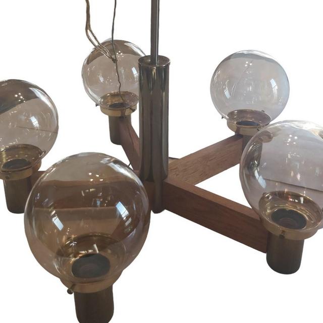 Vintage MCM 70s Contemporary Wood Brass Light Fixture Chandelier with Smokey Glass Globes