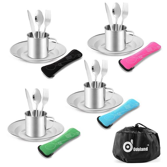 Odoland 25pcs Stainless Steel Utensils Camping Tableware Kit with Plates Cups Forks Spoons and Knives for 4, Cutlery Flatware Set for Backpacking, Outdoor Camping Hiking and Picnic