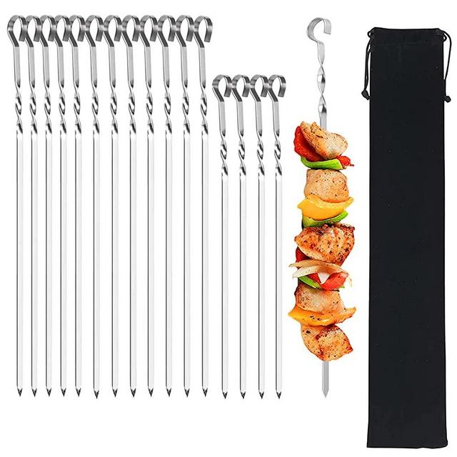 Metal Kabob Skewers,Flat Skewers for Grilling(12Pcs 15" & 4Pcs 13.5") BBQ Barbecue Skewer Stainless Steel Shish Kebob,Reusable Sticks Set for Grilling