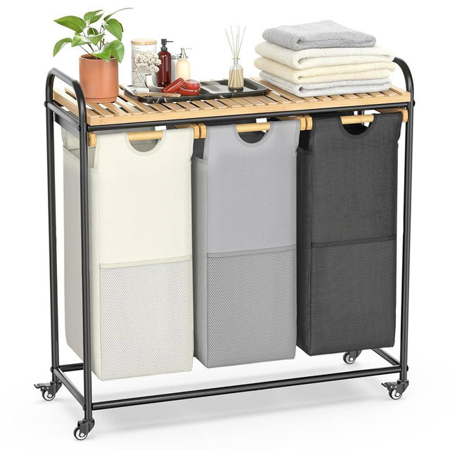 BambooHomie Laundry Hampers 3 Section, Laundry Sorter with Removable Shelf and Pull-Out Bags, Rolling Cart Clothes Hampers Basket with Wheels for Laundry Room Bathroom, 3 x 45 L (Black Beige Gray)