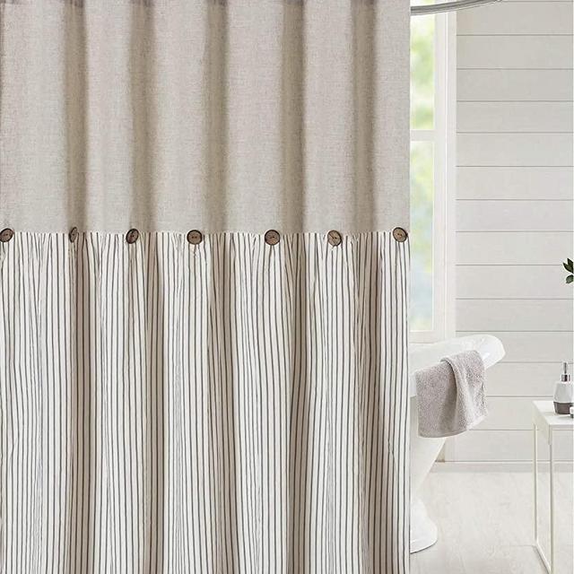 DOSLY IDÉES Linen Button Farmhouse Beige Shower Curtain,Linen and Cotton Woven Fabric,Pleated Gray Stripe,Country Style,72x72 in