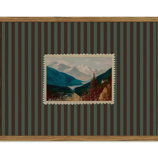 Vintage Landscape Postcard Wall Art Mid Century Modern Banff Wall Decor Painting, Canada Nature Mountain Striped Stamp Poster Canvas Print Picture for Living Room Bedroom 16x24 inch Wood Framed