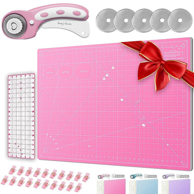 Rotary Cutter Set - Quilting Kit incl. 45mm Fabric Cutter, 5 Replacement Blades - Ideal for Crafting, Sewing, Patchworking, Crochet & Knitting (Pink, Cutting Mat Set (36" x 24"))