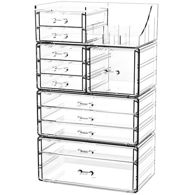 Cq acrylic 4 Pack Clear Skincare Organizer for Vanity,Stackable 11 Drawers Make Up Organizer,Cute Cosmetic Organizer for Vanity Jewelry,Hair Clip,Beauty,Skincare Product Dresser Acrylic Desk Organizer