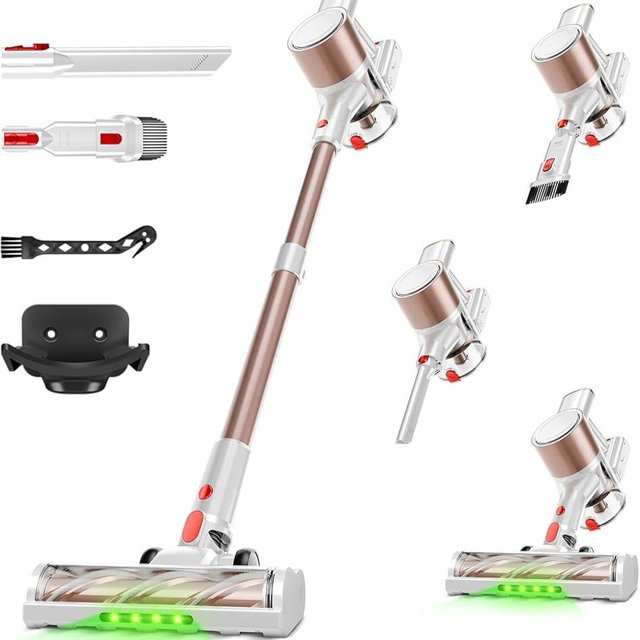 Honki Cordless Vacuum Cleaner, 500W/40Kpa Vacuum Cleaners for Home, Stick Vacuum Cordless with LED Display, Anti-Tangle & Wall Mount, 8 in 1 Lightweight Vacuum for Hard Floors Pet Hair(Gold)