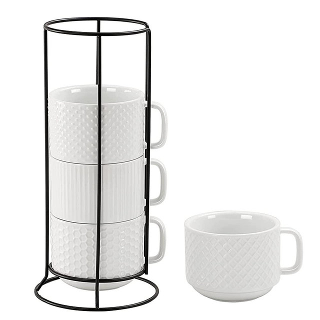 Buyajuju Porcelain Stackable Coffee Cups Set of 4 with Black Metal Stand for Coffee, Tea, Cocoa, Drinks, Set of four with Different Embossment, White