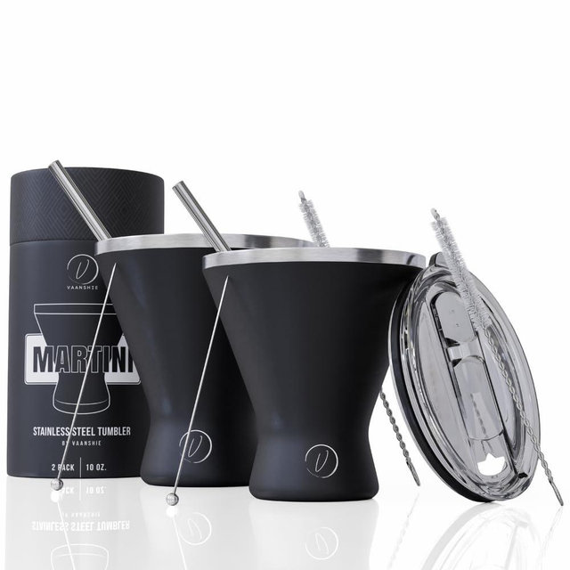 vaanshie Stainless Steel Martini Glass [Pack of 2] – 10oz Black, Powder Coated, No Sweat, Double Wall Margarita Tumbler for Cocktails and Cold Drinks | Perfect for Mother's Day Gift