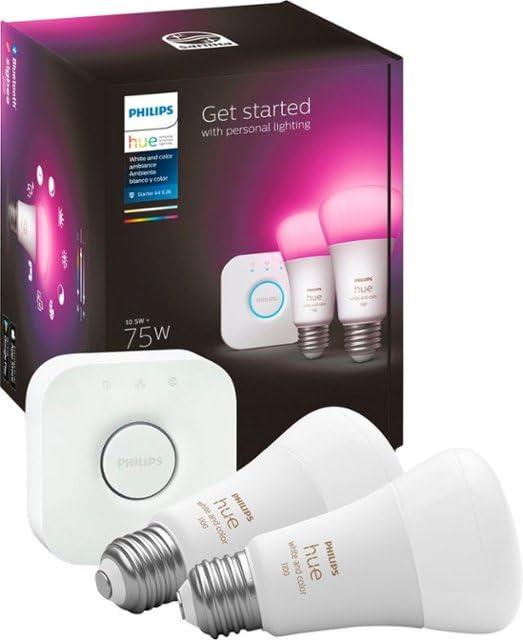 Philips Hue Color 75W A19 Smart LED Bulb 2PK + Hue Bridge - White and Color Ambiance