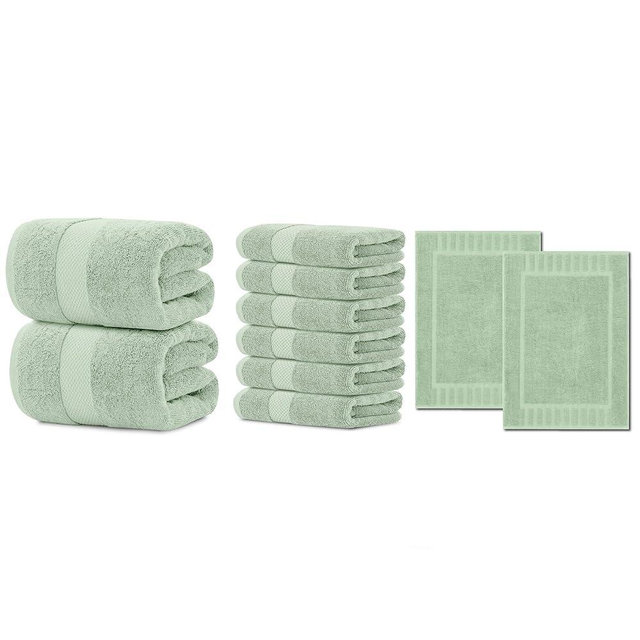 White Classic 2 Light Green Bath Sheet Towels 35 x 70, 6 Hand Towels 16 x 30 and 2 Bath Mats 22 x 34 | Cotton, Highly Absorbent and Quick Dry for Hotels, Spa and Bathroom