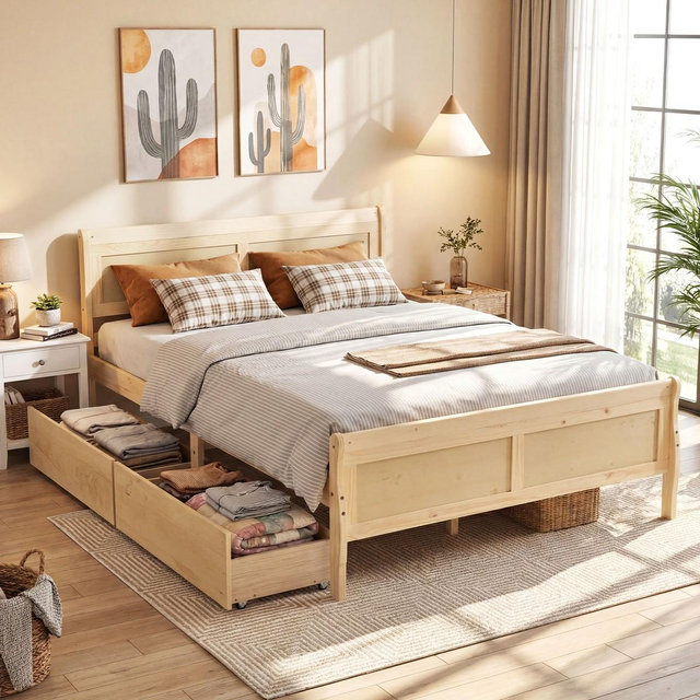 Costway Queen Size Bed Frame with Storage Drawers, Wood Platform Bed with Headboard Footboard Natural