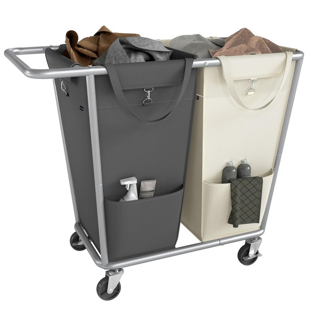 2-Section Laundry Basket with Wheels, Removable Bags, Steel Frame, 50.2 Gallons , White and Gray