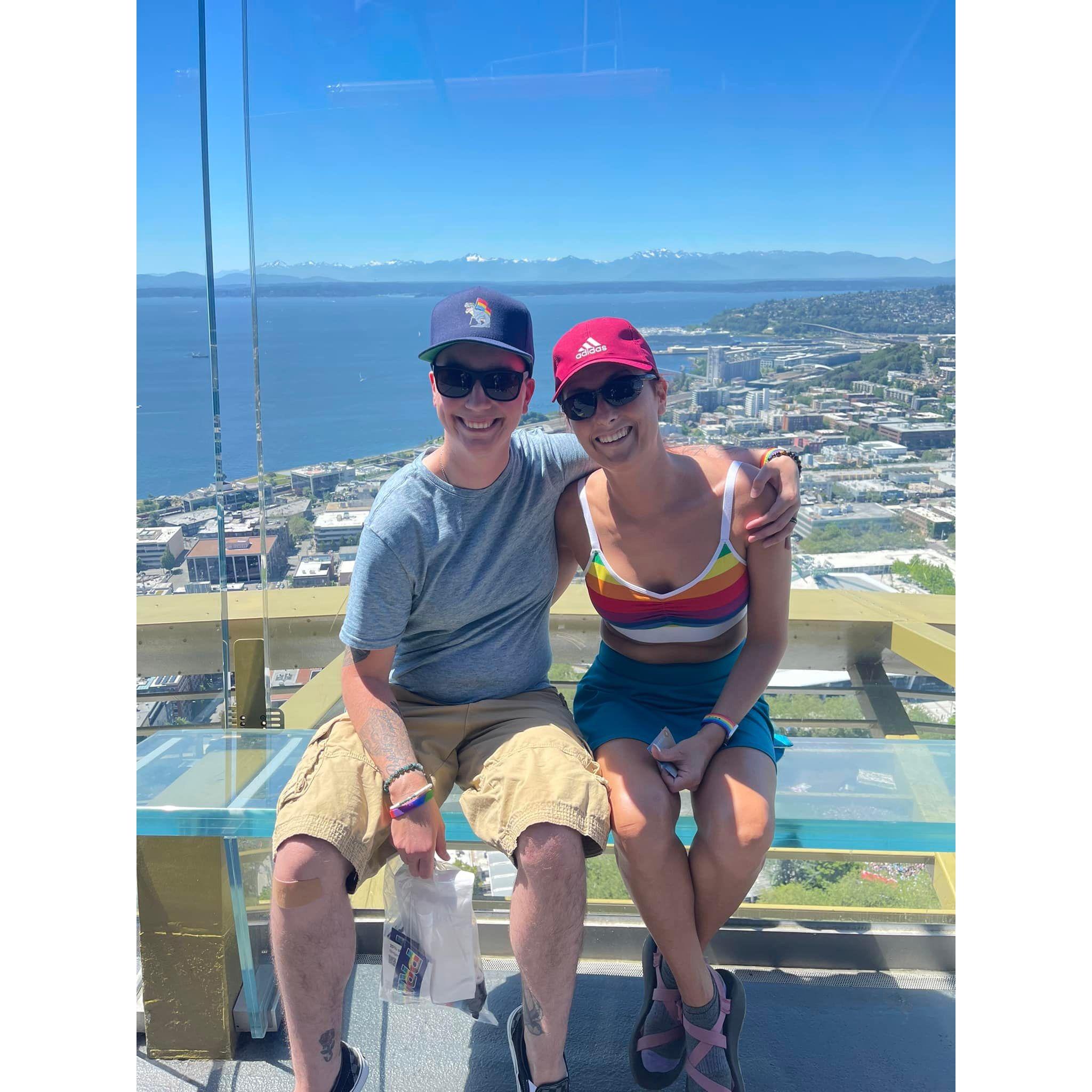A beautiful picture a complete stranger took for us. This was my first time at the very top of The Space Needle in Seattle! (Seattle Pride)