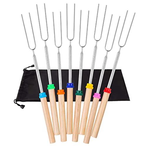 Marshmallow Roasting Stick 8 Packs Smores Skewers for fire Pit Telescoping BBQ Fork with Wooden Handle for Sausage Hot Dog Campfire Camping Stove Grill Kit with Portable Bag,32Inch
