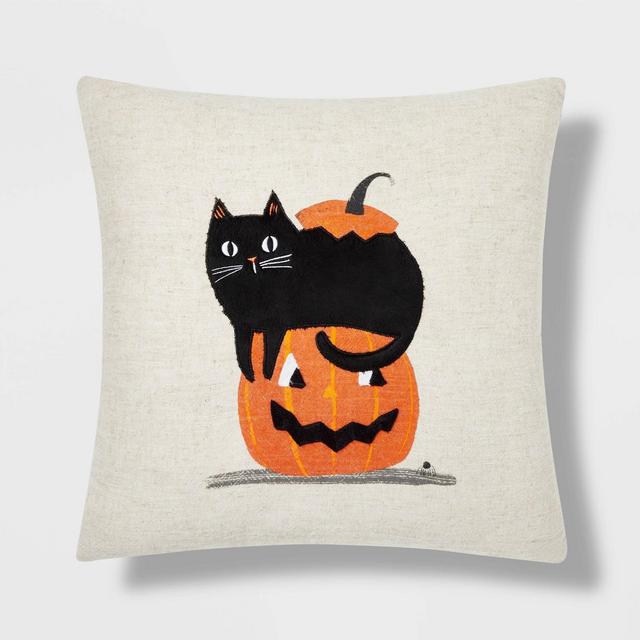 Black Cat and Pumpkin Square Halloween Throw Pillow - Hyde & EEK! Boutique™