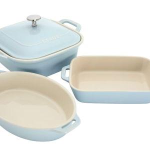 Staub Ceramic 4-pc Baking Pans Set, Casserole Dish with Lid, Brownie Pan, Light Blue