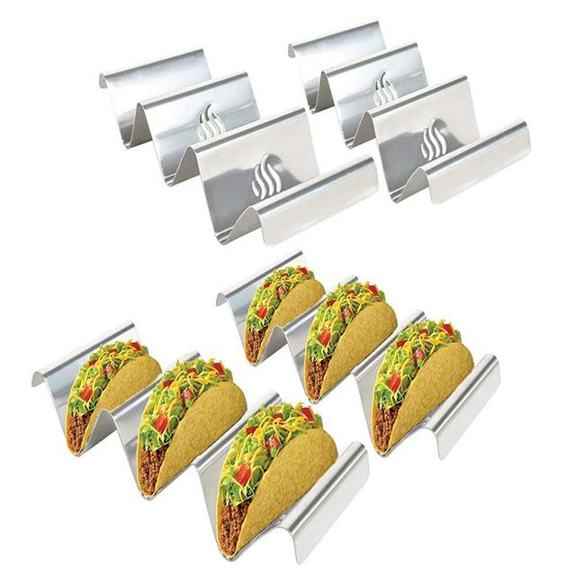 Skyflame 4 Pack Stainless Steel Taco Holder Stand, Holds Up to 3 Hard or Soft Shell Each, Safe for Oven Grill Dishwasher, Unique Flame Marks