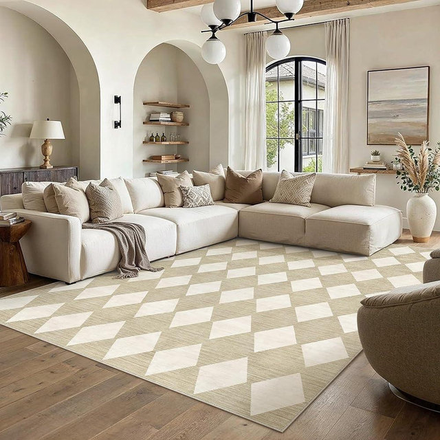 PureCozy 9x12 Checkered Area Rugs for Living Room Beige Machine Washable Large Rug Non-Slip Stain Resistant Low Pile Boho Accent Indoor Throw Carpet for Bedroom Dining Room Home Aesthetic Decor