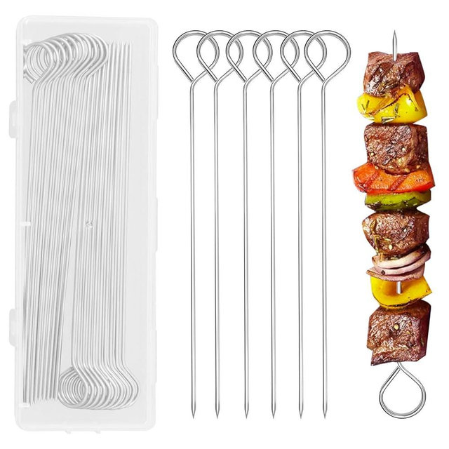 20 PCS 8 Inch Stainless Steel BBQ Kabob Skewers with Storage Box, PEOUWNES Metal Kebob Sticks Reusable Grilling Skewers for Turkey, Shrimp, Chicken, Fruit, Vegetable, Meat, Beef