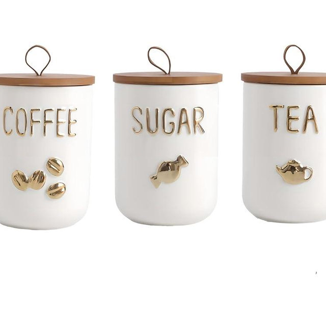 Simcat 27oz Ceramic Canister Set with Airtight Seal Bamboo Lid and Silicone Seal Damp-Proof Kitchen Jar Tea Coffee Sugar Canister Set Food Storage Containers (Three piece)