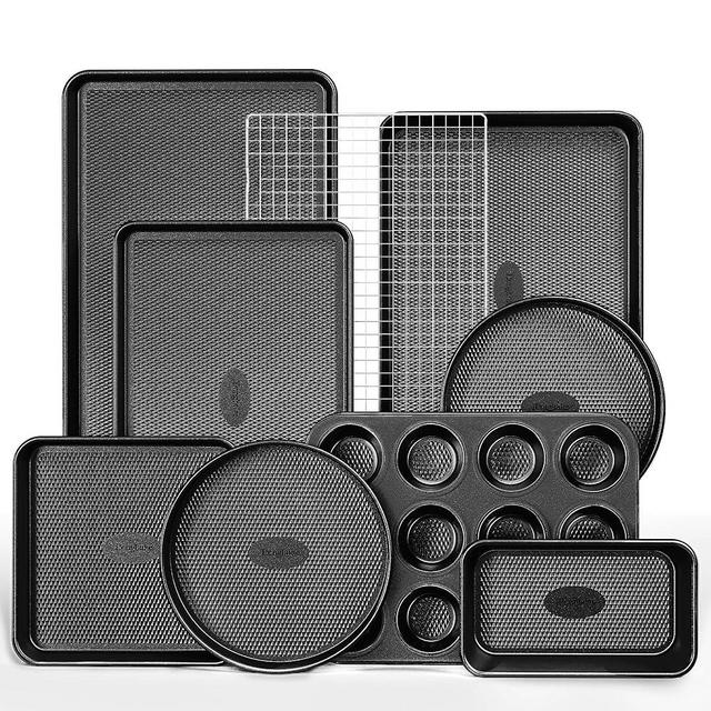 HONGBAKE 9-Piece Baking Pans Set Nonstick, Stackable Non Toxic Bakeware Sets with Diamond Texture, Oven Pan Set for Cooking, Includes Cookie Sheet with Rack, Cake Pan, Roasting Pan, Muffin Pan, Gray
