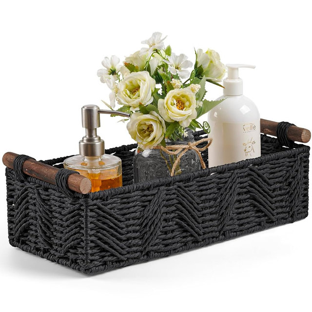 Bathroom Baskets for Organizing with Handle Decorative Basket for Bathroom Countertop Storage Toilet Paper Storage Basket for Toilet Tank Top Small Baskets Set,Black