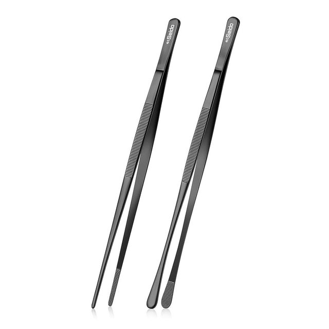 Seido 2-Piece Serving Tweezer Set 12-Inch – Professional Stainless Steel Kitchen Tongs with Fine Tip & Flat Tip, Non-Slip Grip, Heat-Resistant Precision Tools for Cooking, Plating & Garnishing