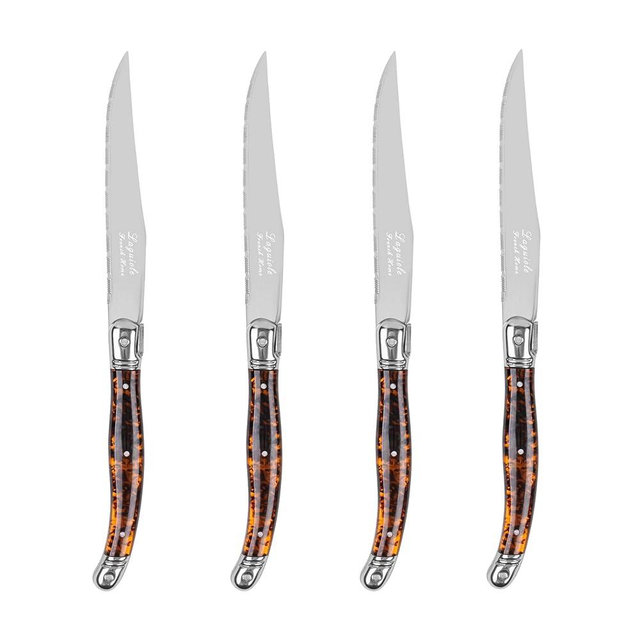 French Home Laguiole Connoisseur 4-Piece Steak Knife Set –Stainless Steel with Tortoise Shell Handles, Etched Detailing & Napoleon Bee Emblem – Serrated Knives for Smooth Cutting (9.25")