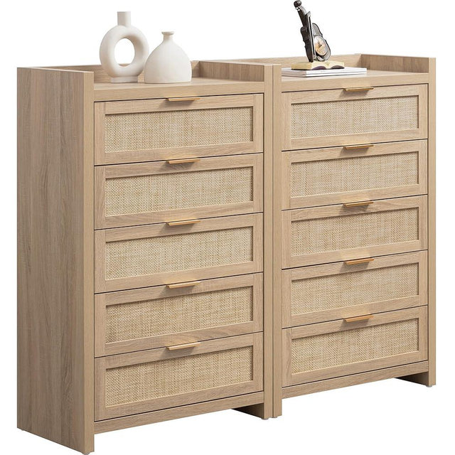 SICOTAS Dresser for Bedroom Chest of Drawers 46" Tall Dresser for Closet with 5 Rattan Drawers Boho Nightstands Set of 2 Large Clothes Storage Cabinet TV Stand for Living Room Hallway Nursery Entryway