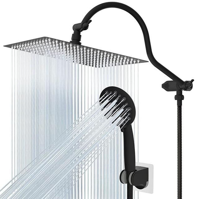 Hibbent 12'' All Metal Shower Head, High Pressure Rainfall Shower Head / Handheld Showerhead Combo/ 12'' Adjustable Curved Shower Extension Arm, 7-Spray, 71'' Adhesive Showerhead Holder, Matte Black