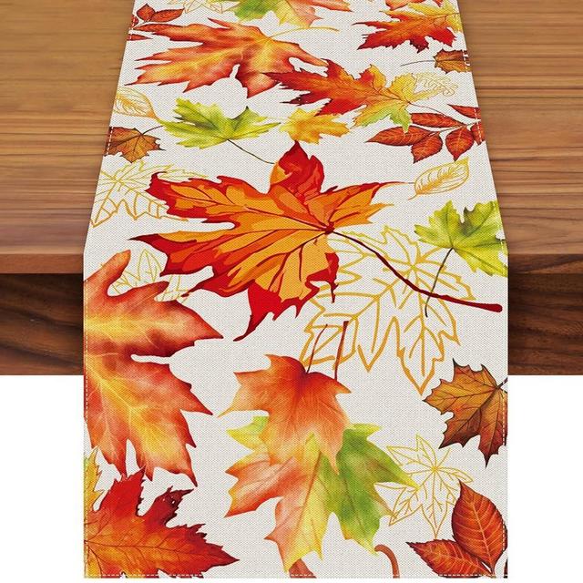 Fall Table Runner 72 x 13 Inch Thanksgiving Decorations, Linen Burlap Maple Leaves Pattern Table Cover for Autumn Harvest Thanksgiving Day, Seasonal Farmhouse Table Decor for Kitchen Dining Fireplace
