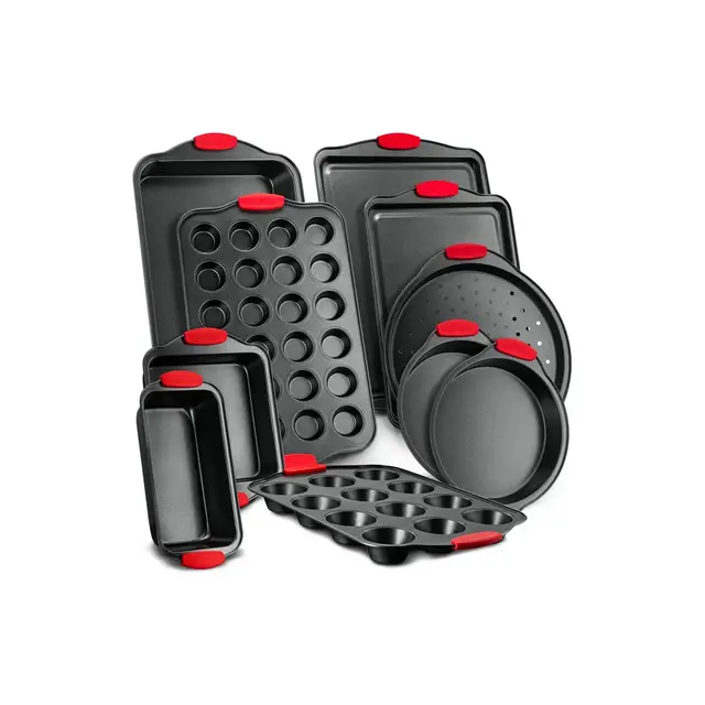 NutriChef 10 Piece Kitchen Oven Baking Pans - Black with Red Silicone