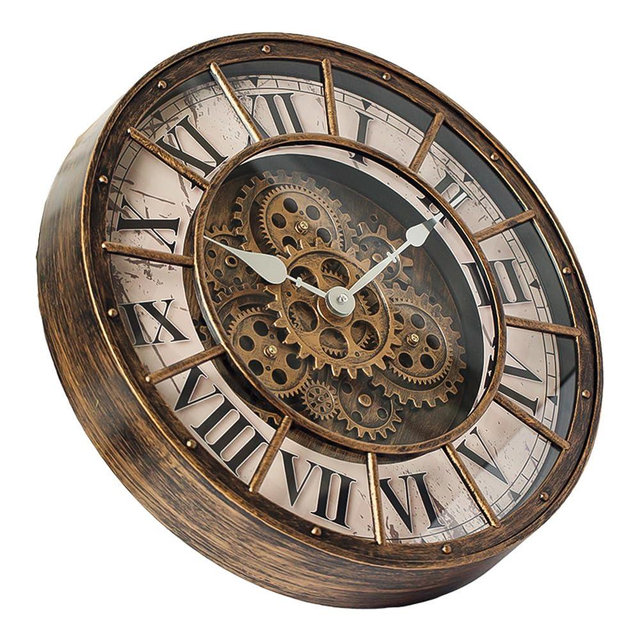 18 Inch Wall Clock with Moving Gears, Oversized Large Industrial Steampunk Decoration, Antique Metal Big Numeral Wall Clocks for Kitchen Study Room Living Room Decor (Antique Oil-Rubbed Bronze)