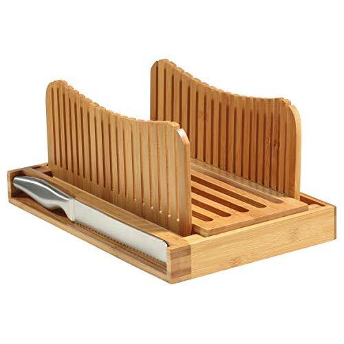 Bambusi Bread Slicer Cutting Guide with Knife - Bamboo Bread Cutter for Homemade Bread, Loaf Cakes, Bagels - Foldable and Compact with Crumbs Tray and Knife